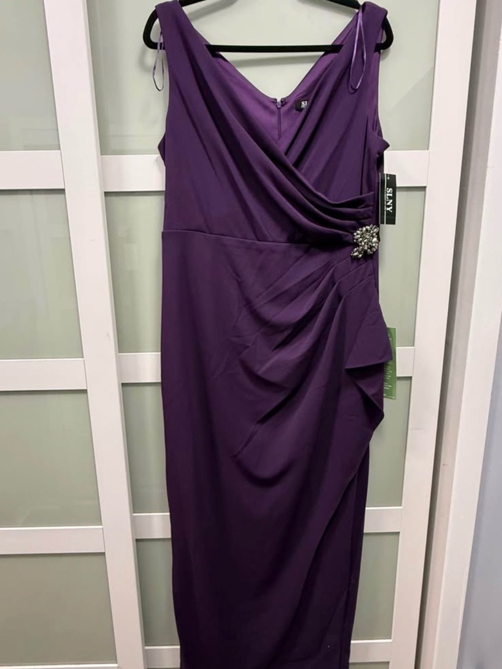 SLNY Purple Sleeveless Draped Midi Dress with Jewel Brooch
